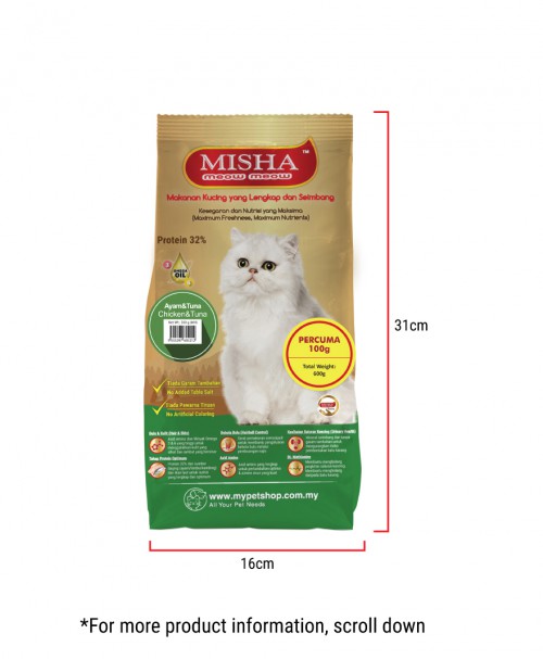 Puan Mila : MISHA Dry Cat Food Chicken & Tuna 600G x 4 Packs